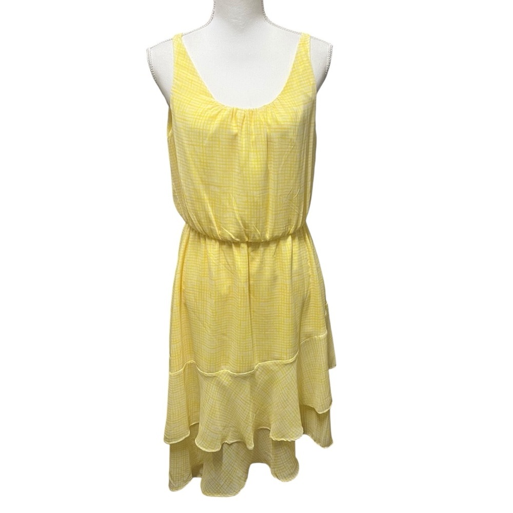 A New Day Yellow Chiffon Asymmetrical Tiered Sleeveless Dress‎ Geometric Print M